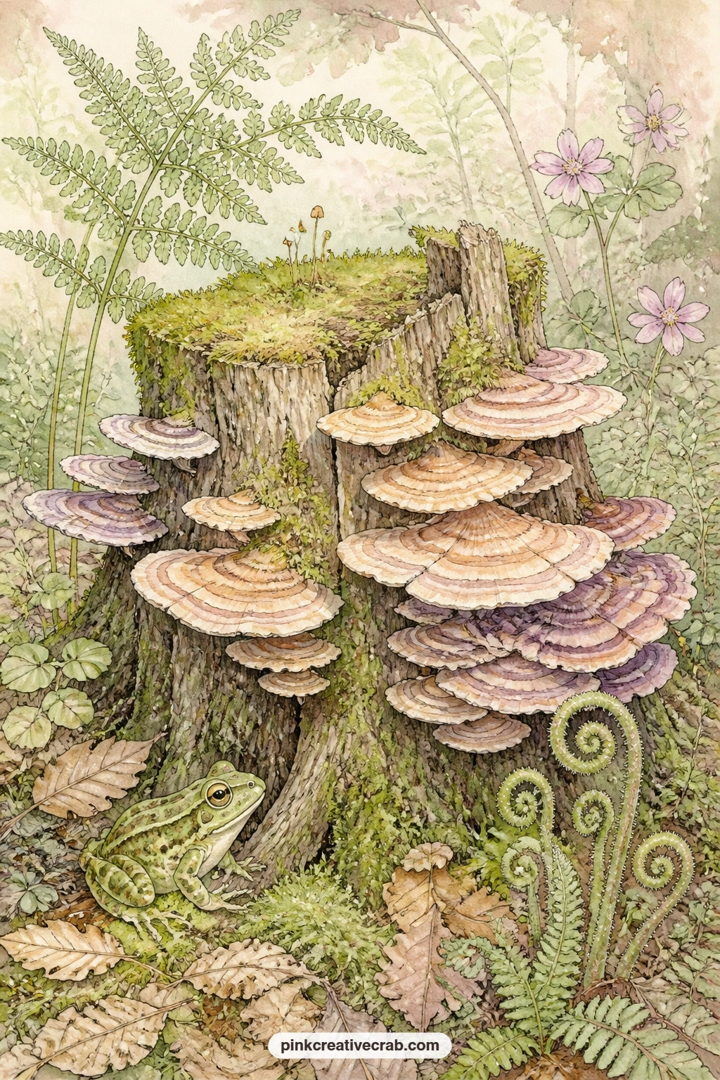 Mossy Stump With Shelf Fungus printable page — Keep this page and its neighbour as a facing spread, letting the stump sit on the left page and a quieter