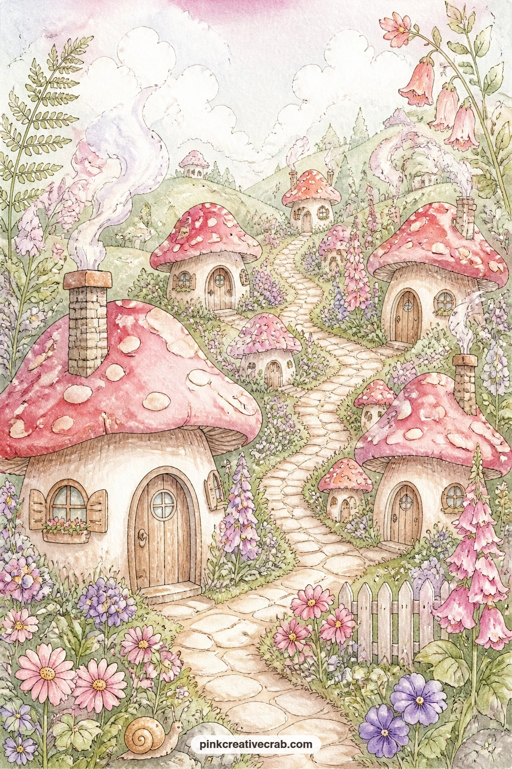 Toadstool Village printable page — Five minutes is enough for this one: glue the toadstool village sheet straight onto a page, add one word in the margin and