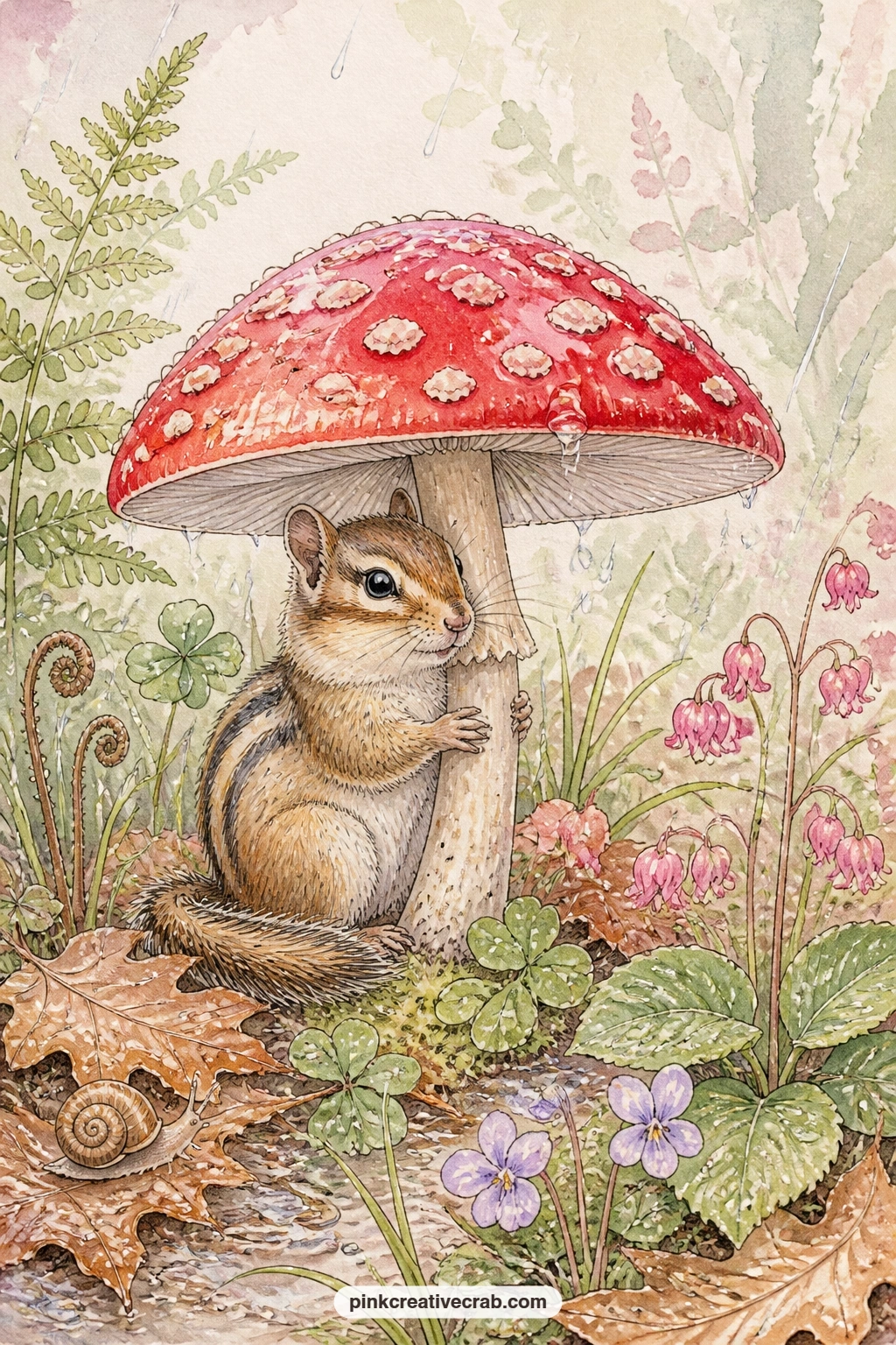 Chipmunk Under A Toadstool printable page — A gentle spring rain falls over this chipmunk sheltering under a toadstool umbrella, the only one of the tired