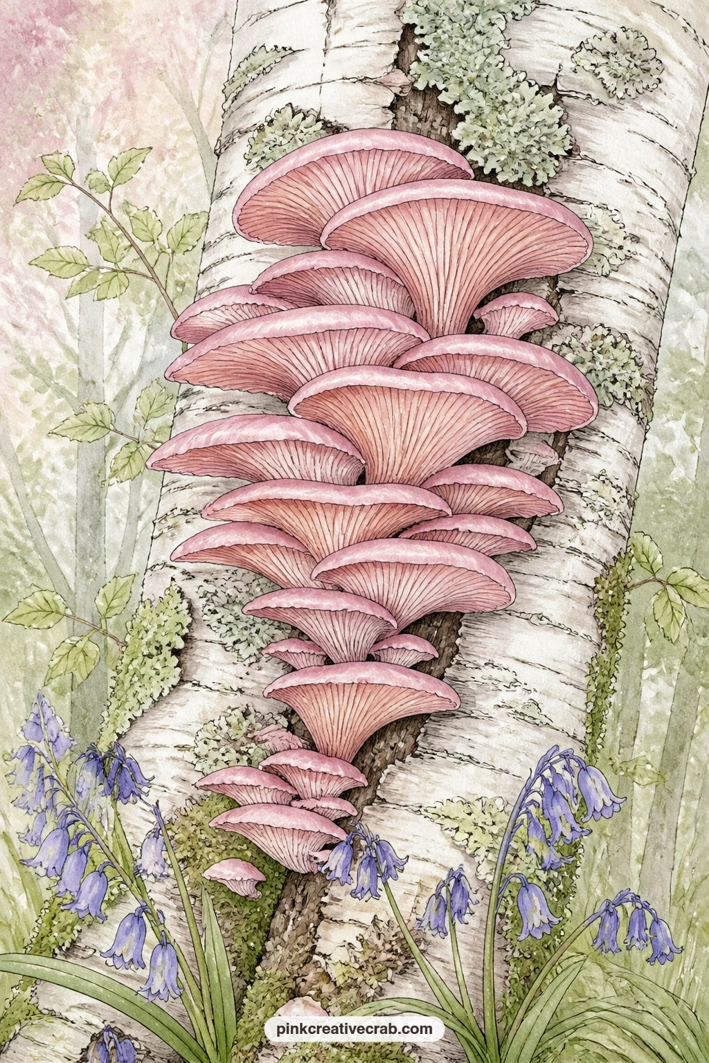 Pink Oysters On Birch printable page — Set this page beside the woodland mushroom and fern sprig background from this kit, letting the birch bark texture echo
