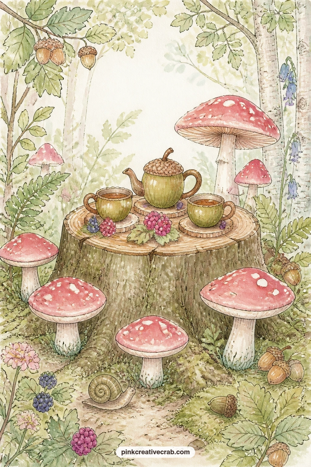 Mushroom Tea Party printable page — Tear the edge of this page roughly instead of cutting it straight, so the tea party on its stump looks like something found