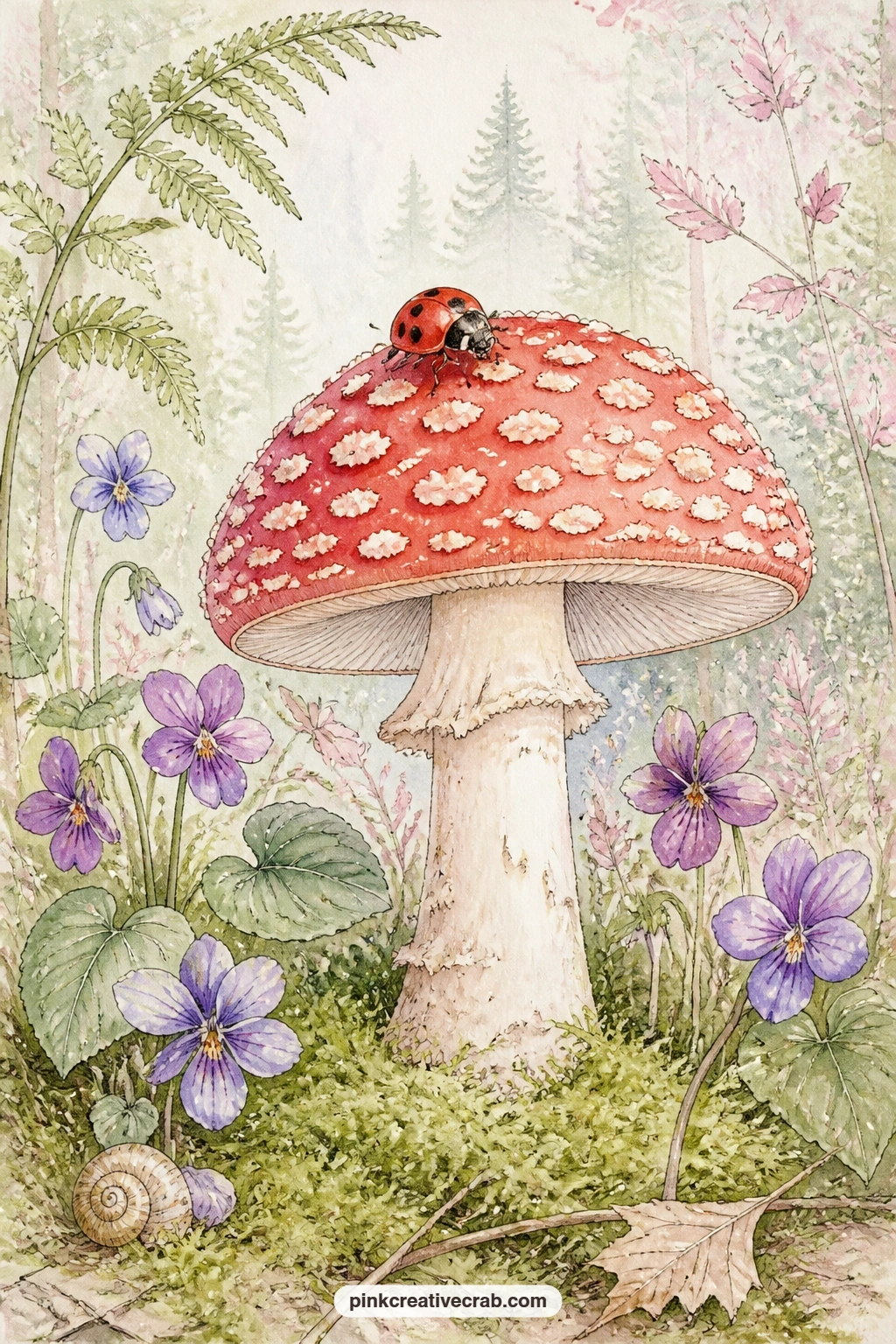 Ladybug On A Speckled Toadstool printable page — Give this page to whoever in your gift journal loves the smallest details: the ladybug, the speckled cap and