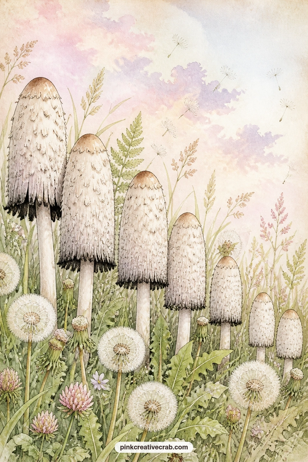 Shaggy Mane Meadow Edge printable page — Twenty five words rarely says enough, but here it does: tall shaggy mane mushrooms rise at a meadow edge among