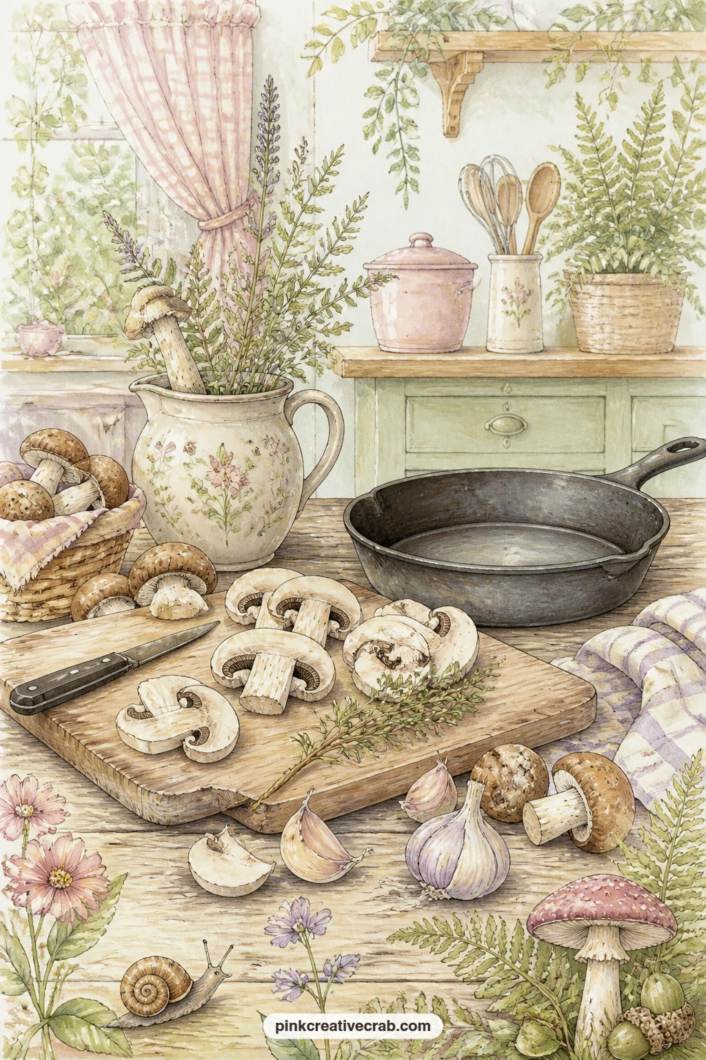 Cottage Kitchen Mushroom Table printable page — A simple written menu suits this page well, so note what you would cook with the sliced mushrooms, the sprig of