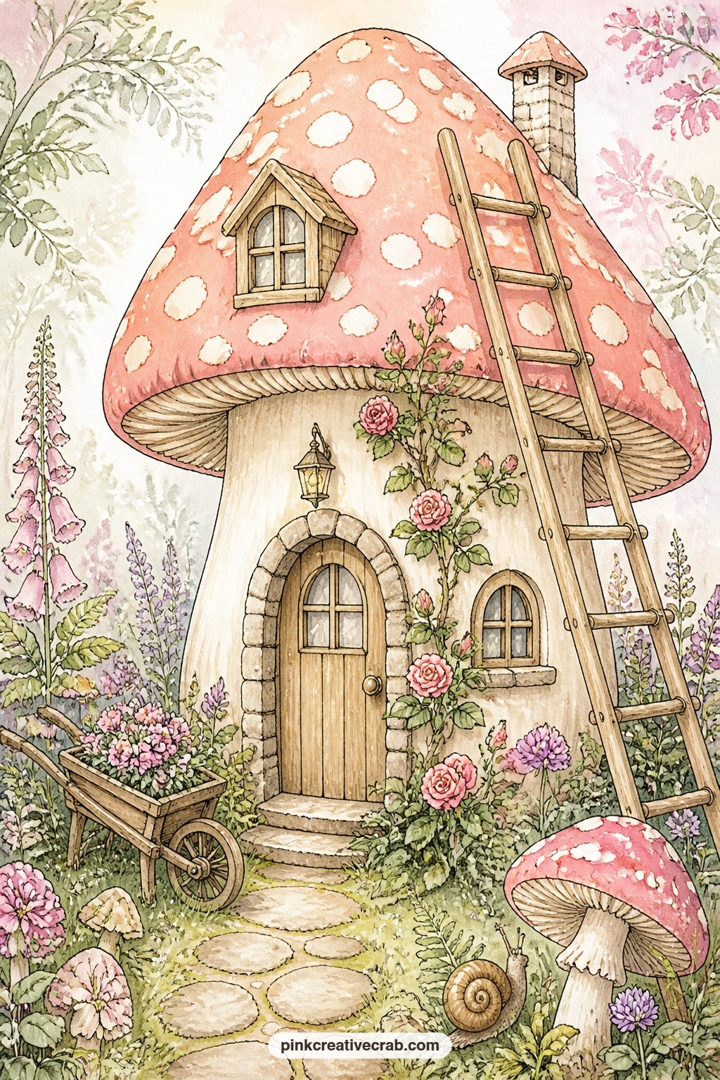 Toadstool Cottage With Ladder printable page — This cottage comes with a ladder, a wheelbarrow and climbing roses up one wall, so it pairs naturally with the