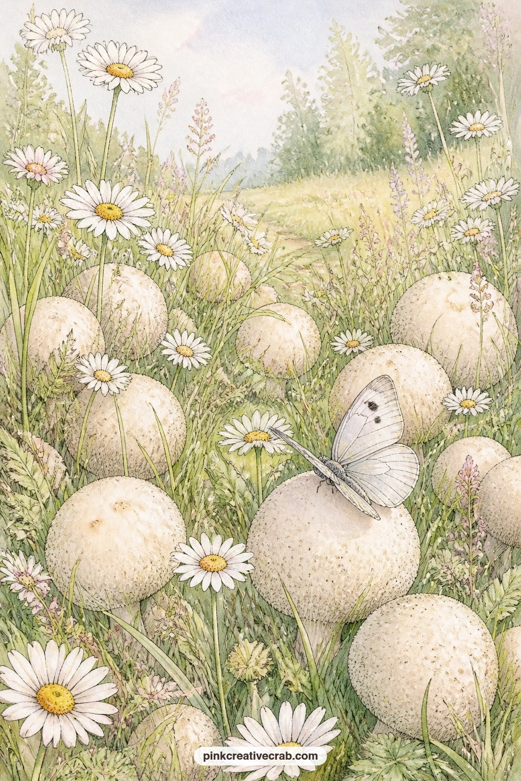 Puffballs In The Grass printable page — Glue a pressed daisy or a cut flower sticker onto the grass here, letting it sit among the puffball mushrooms the way