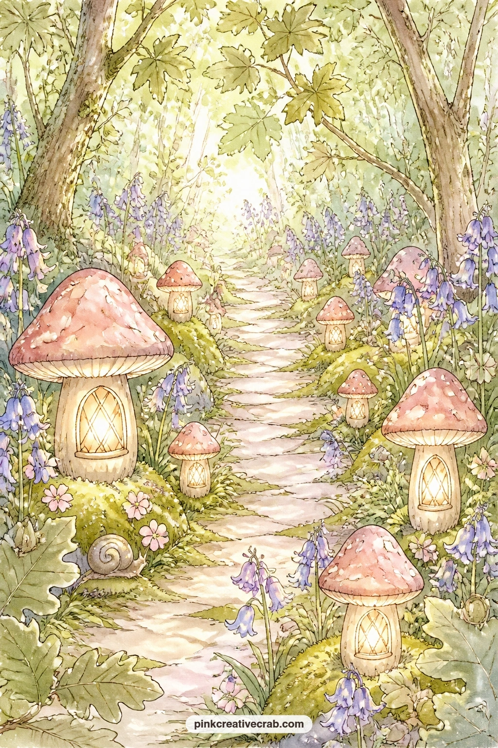 Mushroom Lanterns On The Path printable page — Close the scene section with a woodland path lit by mushroom lanterns, bluebells and soft moss lining both sides