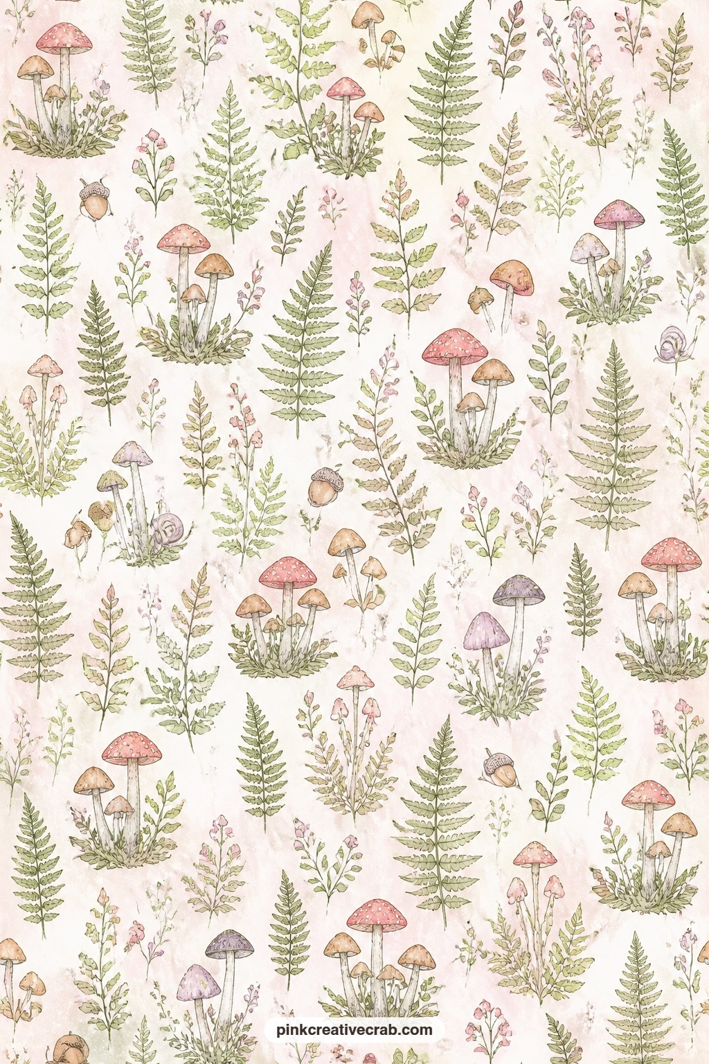 Woodland Mushroom And Fern Sprig Background printable page — Use this sprig pattern behind a mushroom photo, as the lining for a small envelope pocket, or
