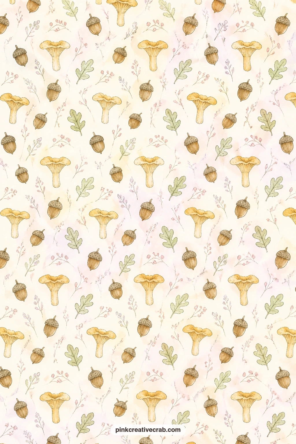 Chanterelle And Acorn Calico Pattern printable page — This calico-style scatter of chanterelles and acorns works well tucked behind a recipe card, lining a