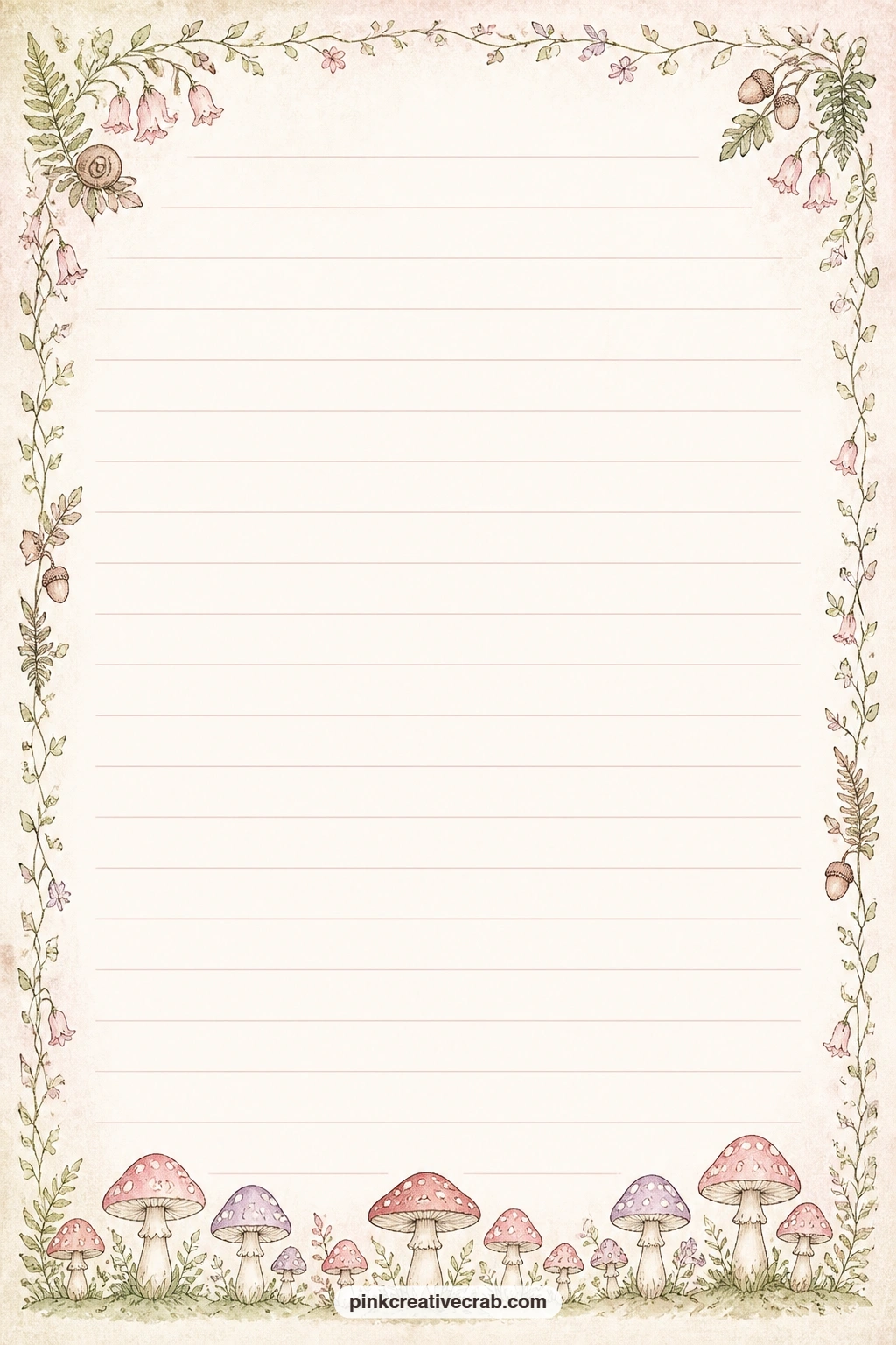 Toadstool Row Bottom Border printable page — A row of toadstools lines the bottom edge here, leaving the ruled lines above free for a gift list, a short letter