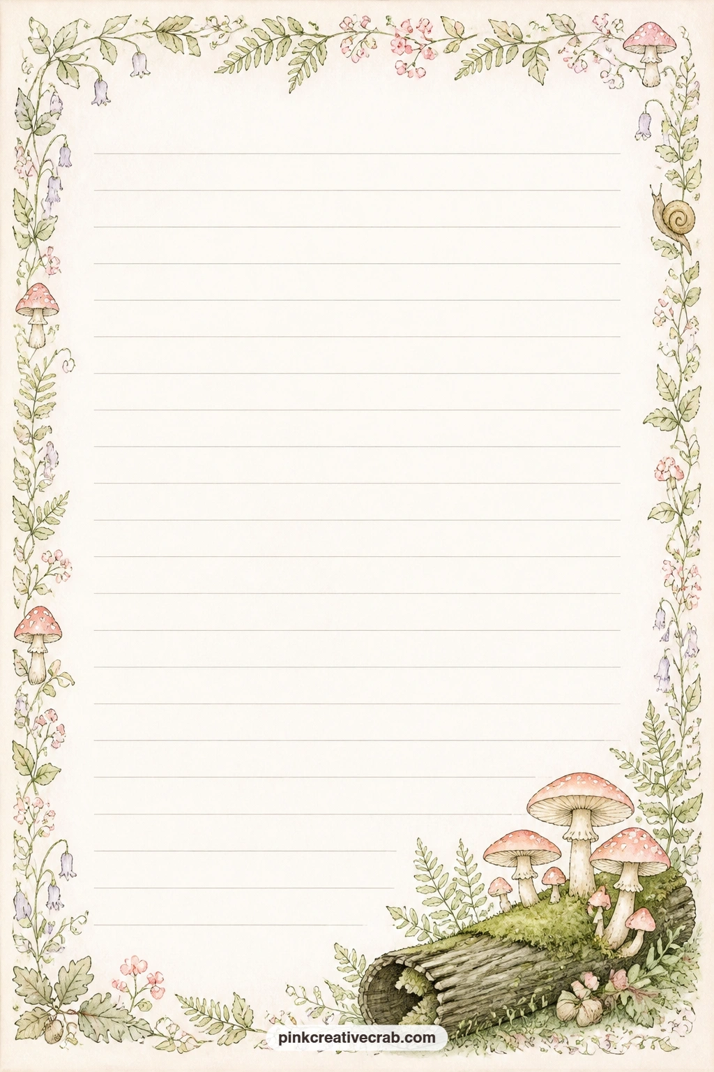 Mossy Log And Mushroom Corner printable page — Use the open space beside this mossy log corner for a foraging list, a short walk log, or a recipe copied out in