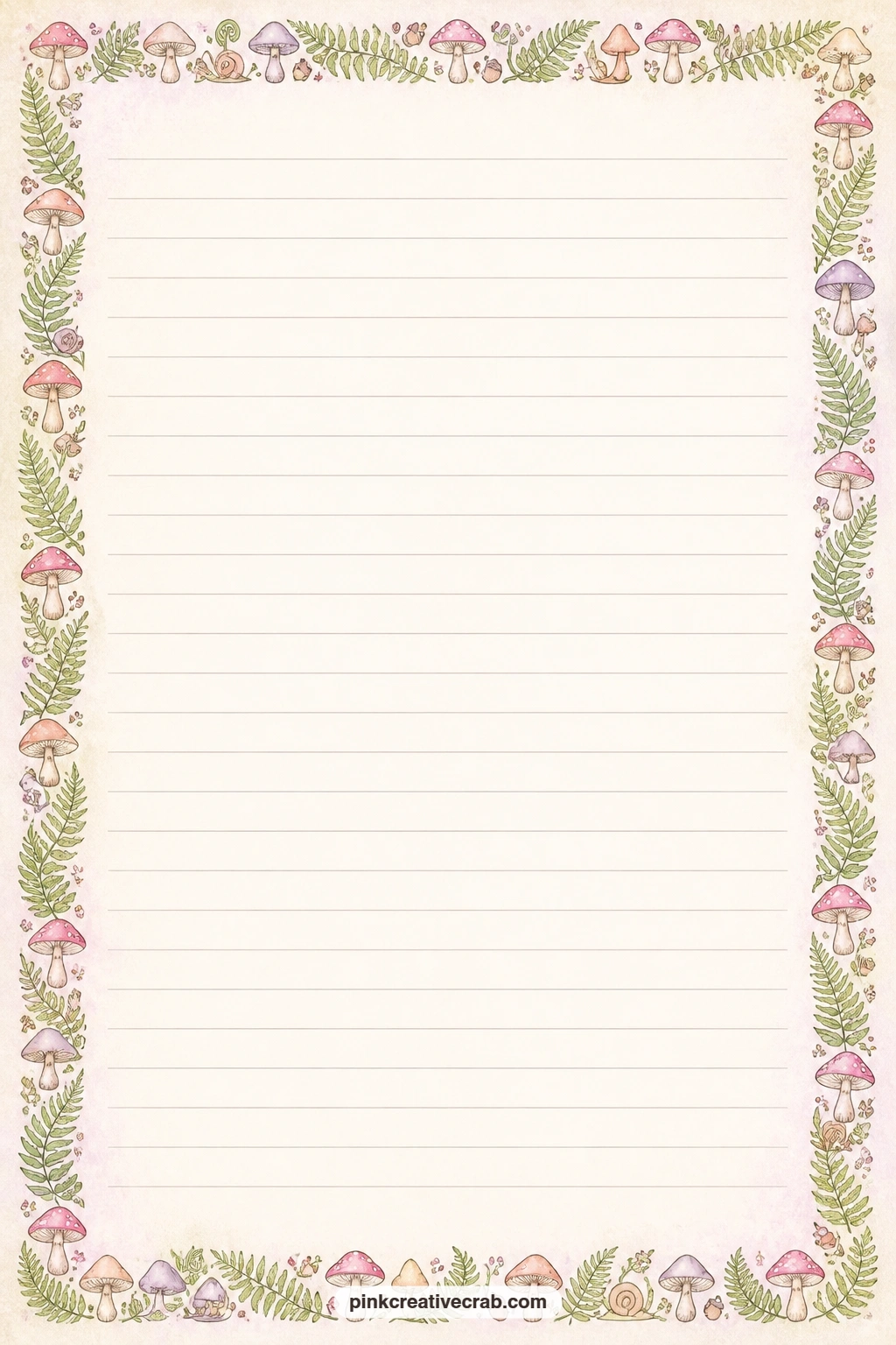 Mushroom Cap And Fern Frame printable page — This full frame of mushroom caps and ferns suits a longer entry, a menu for a woodland-themed supper, or a letter
