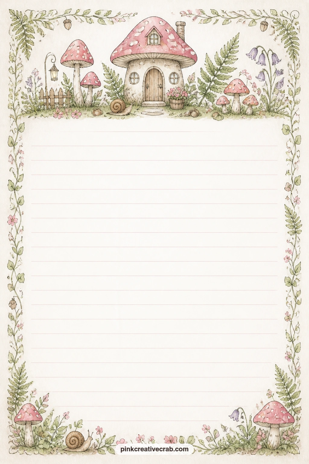 Toadstool Cottage Header printable page — A small toadstool cottage sits across the top of this page, leaving the ruled lines below open for a gift list, a