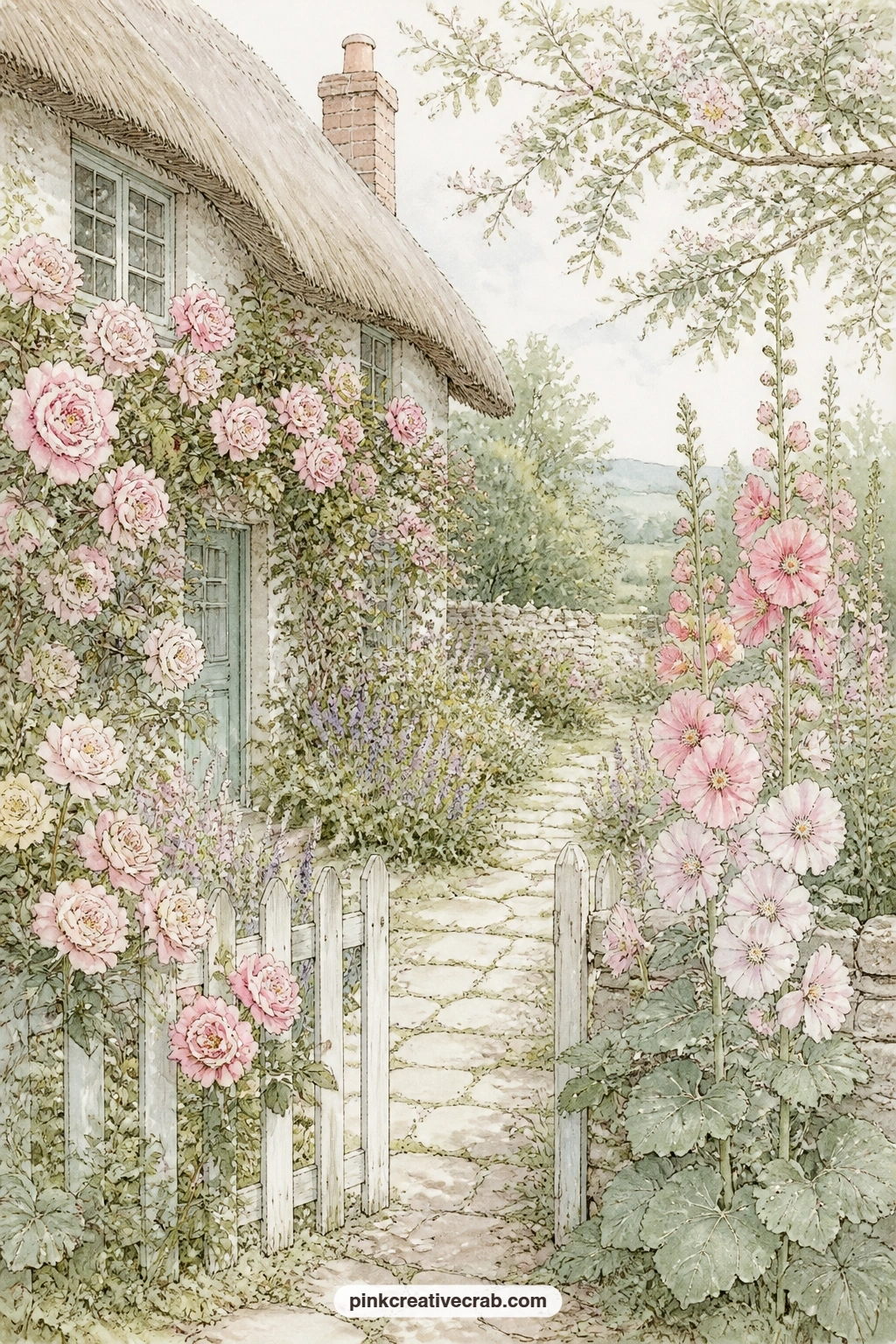 Thatched Cottage And Hollyhocks printable page — Picture this page glued in opposite a tea room spread, so the roses on the cottage wall and the roses on the