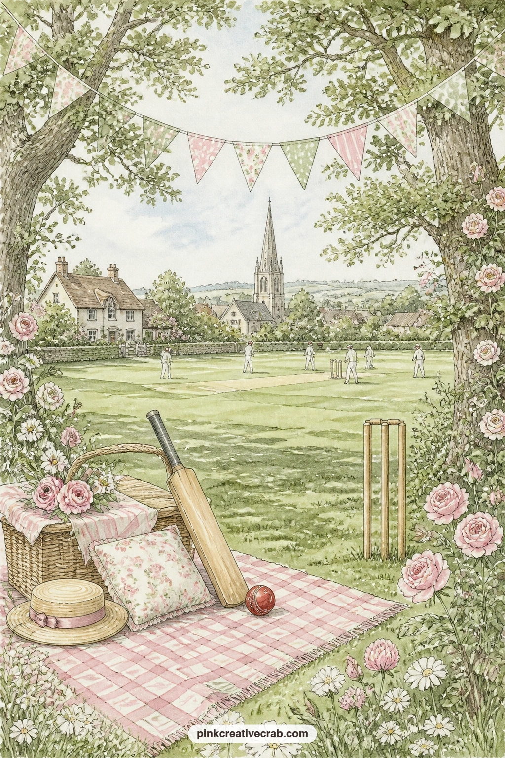 Village Green Cricket Day printable page — Bunting, a picnic blanket under old oaks and a cricket bat laid in the grass make a lazy summer afternoon on the