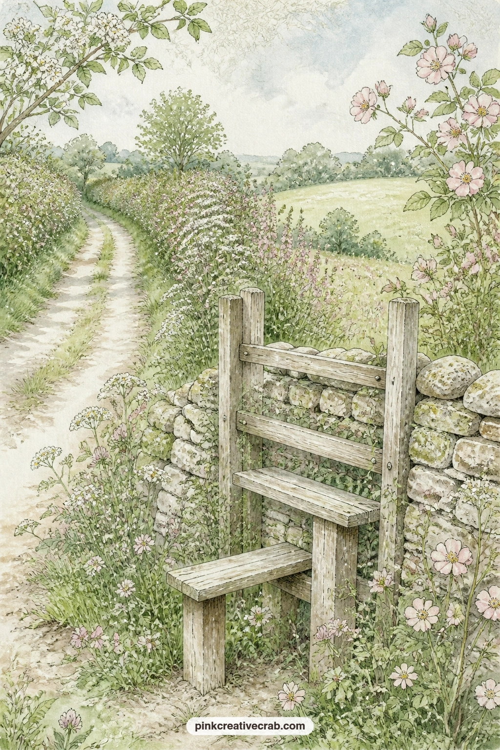 Hedgerow Lane And Stile printable page — This is the easy five-minute page: glue it in as it is, no extra tucking needed, and let the hedgerow do the work of