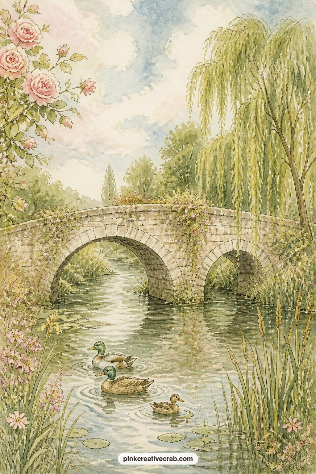 Stone Bridge And Ducks printable page — Try tea-staining just the bottom edge of this page before it dries flat, so the water under the bridge looks a shade