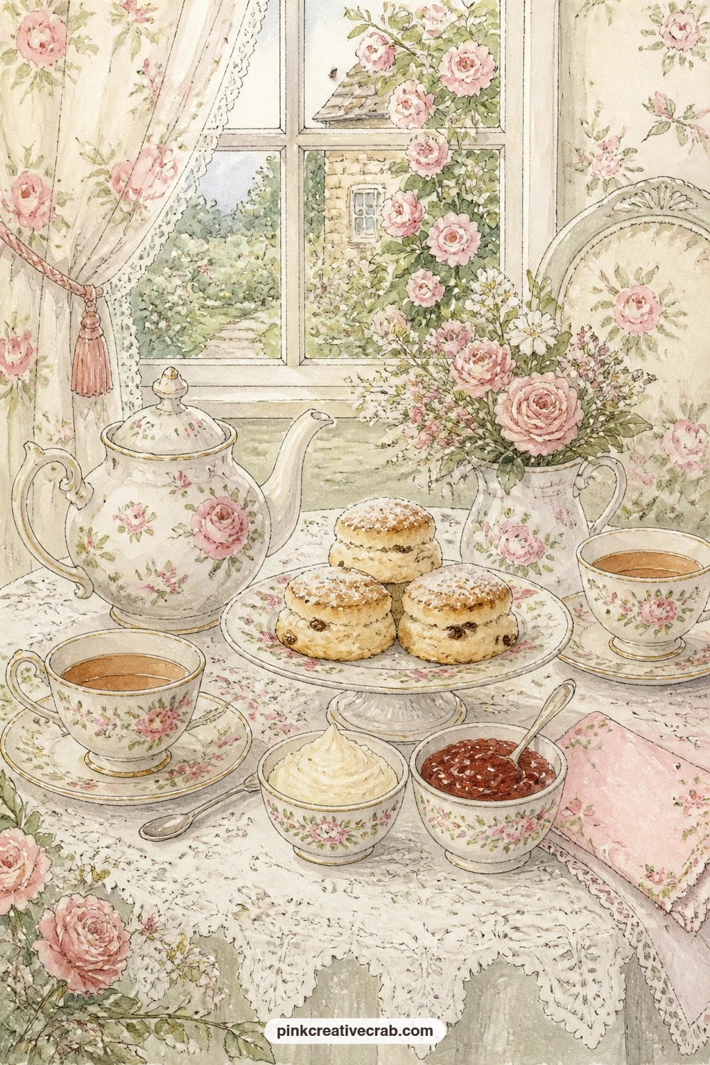 Tea Room Table With Scones printable page — Write the names of whoever shared this tea room table with you along the edge of the plate, the way you might sign