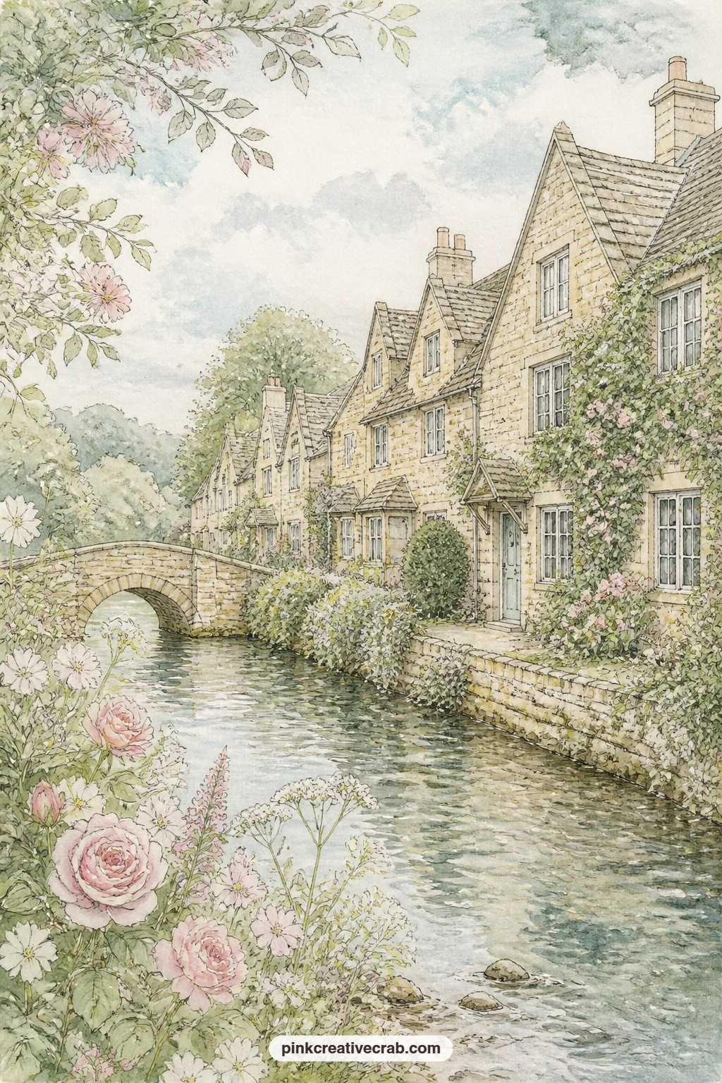 Cotswold Cottages By The River printable page — Honey-stone cottages line a little river under a soft sky, each roofline slightly different, with a small stone