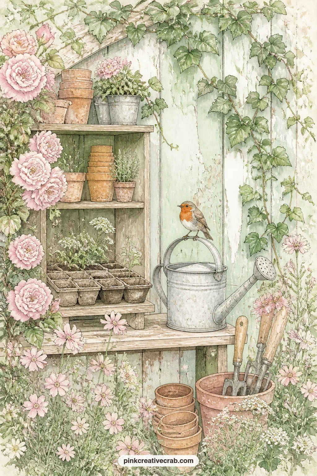 Potting Shed And Robin printable page — The usual mistake with a potting shed page is cramming in every tool at once; keep just the seed trays, a few