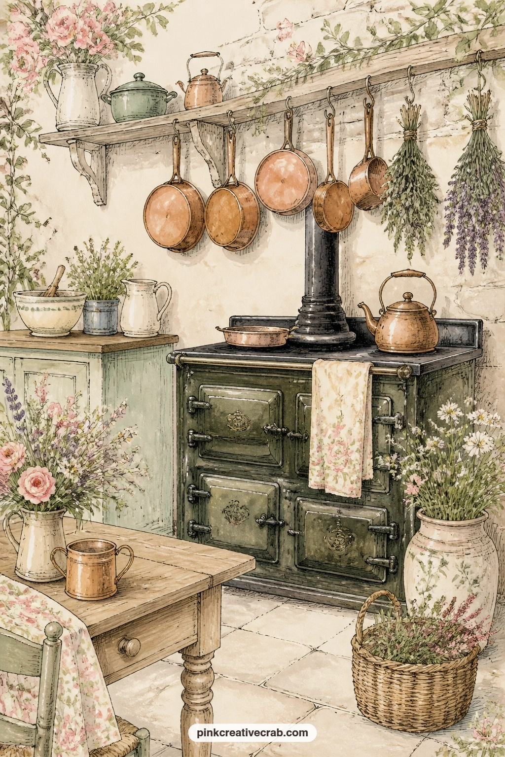 Farmhouse Kitchen Range printable page — Pair this page with the tea party junk journal set if you want a second kitchen table to glue in nearby. English