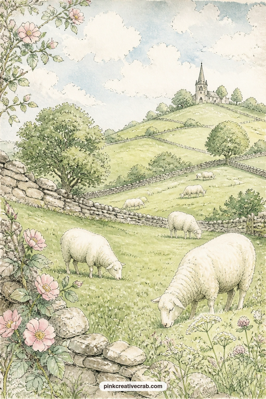 Sheep On The Rolling Hill printable page — Sheep graze between old stone walls on a rolling hill, with a small church spire rising on the far ridge and soft