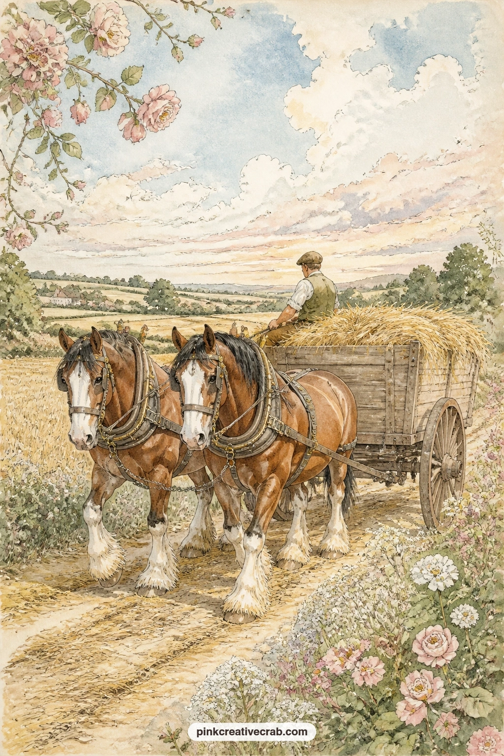 Shire Horses And Hay Cart printable page — Try a question prompt here: what would you load onto a cart like this one, if you had a whole golden field and a