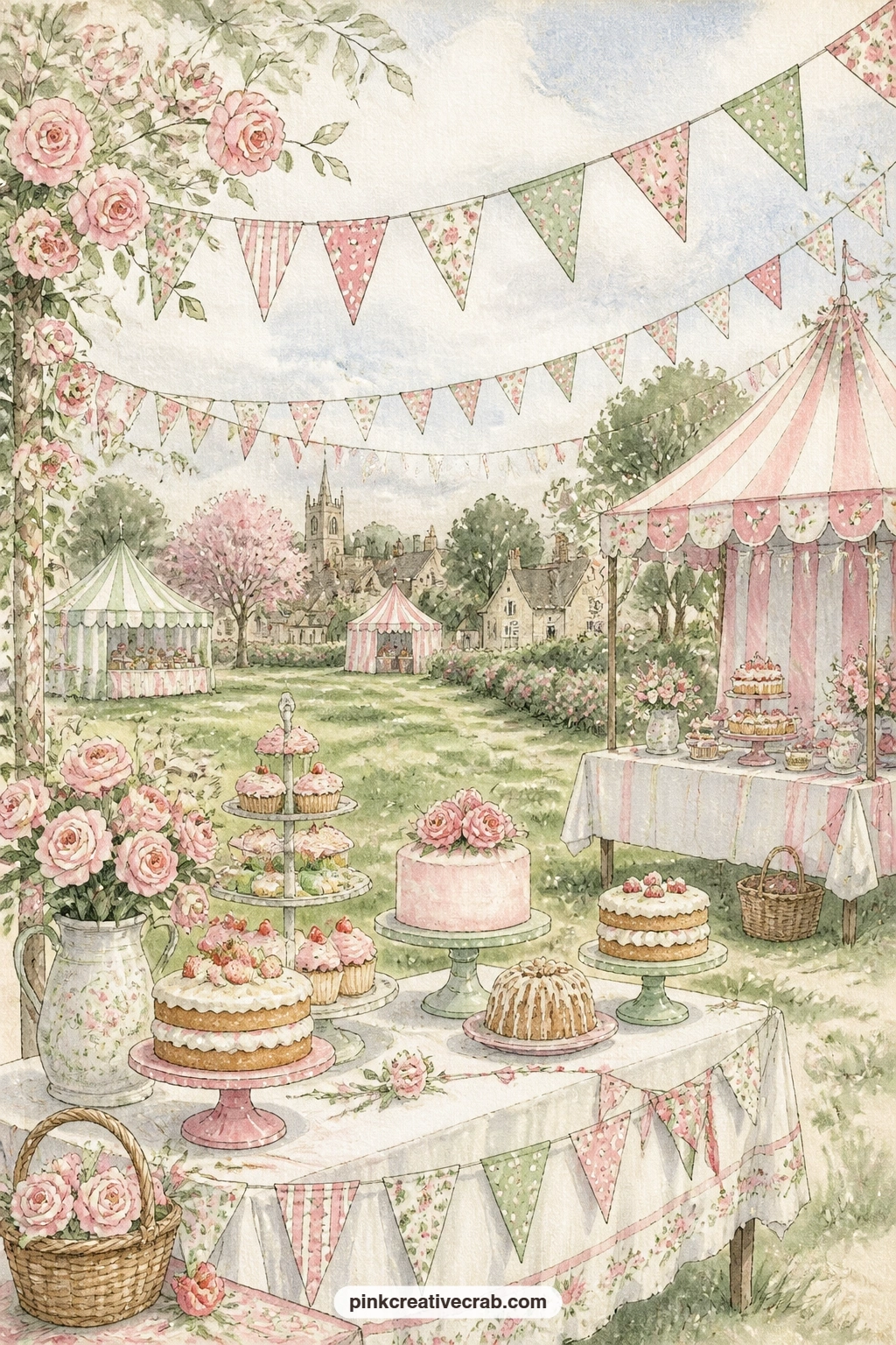 Village Fete With Bunting printable page — Cake stalls, strings of bunting and a striped tent fill the village fete page, a cheerful spread for photographs