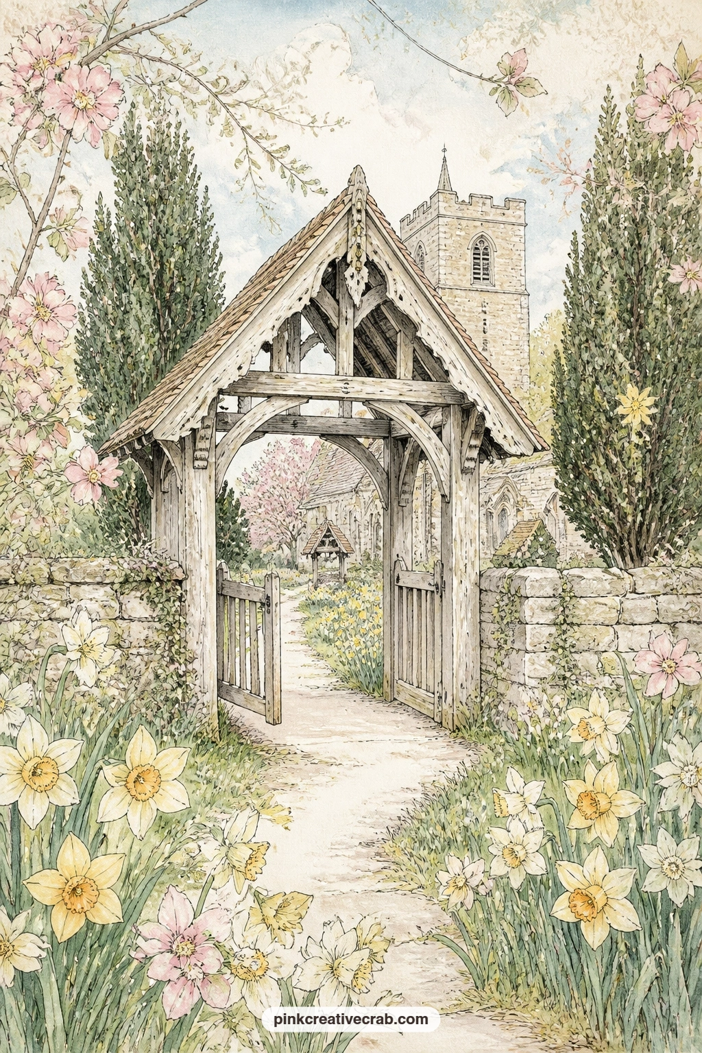 Church Lychgate And Daffodils printable page — Glue this page beside the stone bridge page from earlier in the set, so the journey from lane to church feels