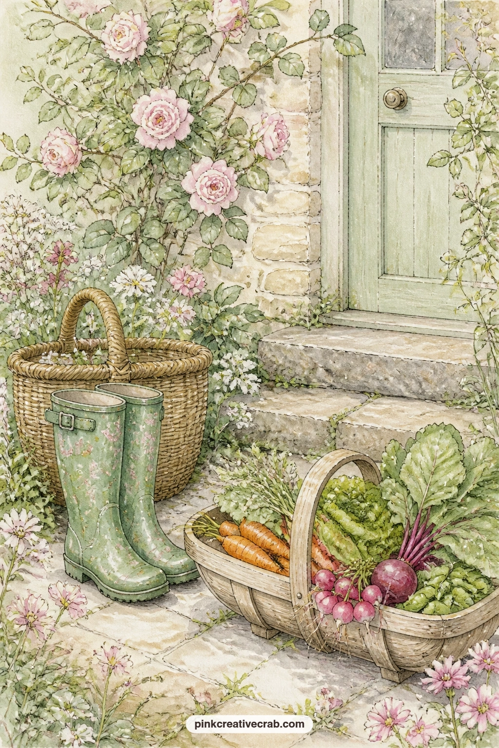 Wellies And Garden Trug printable page — A pair of wellies, a woven garden basket and a trug of vegetables wait by the back door, a small still life of an