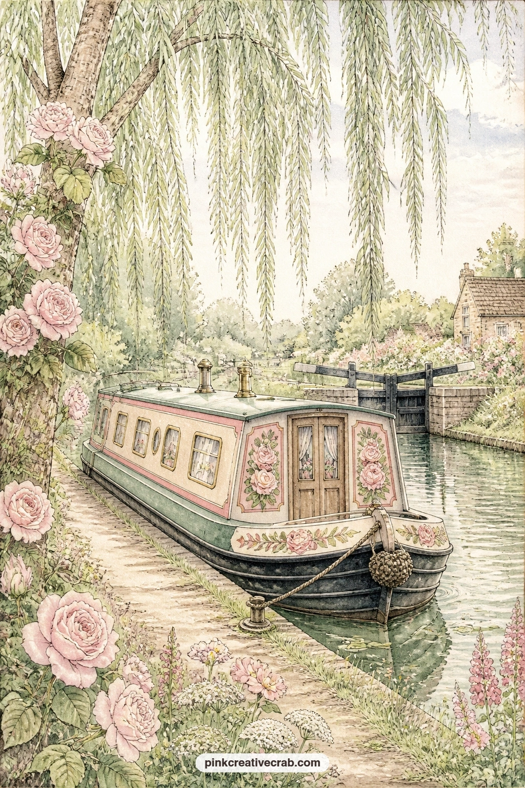 Narrowboat On The Canal printable page — Fold the top corner of this page down before gluing it in, so the narrowboat seems to be sailing just past the edge of