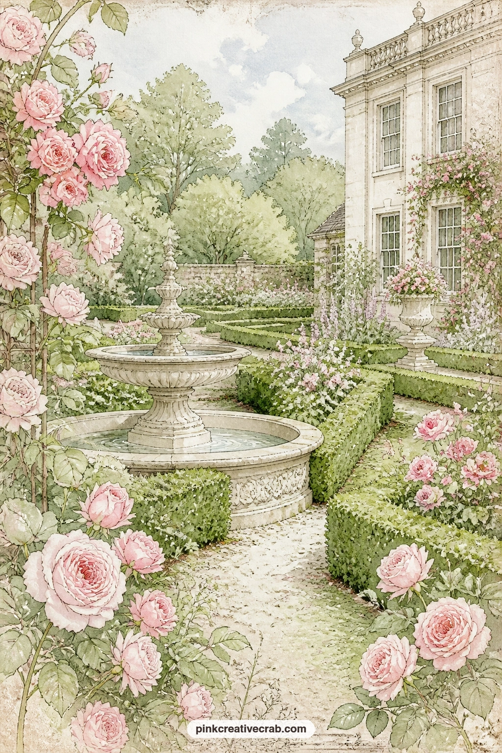Manor House Fountain Garden printable page — Note the usual mistake on a formal garden page: too much empty lawn. English countryside junk journal