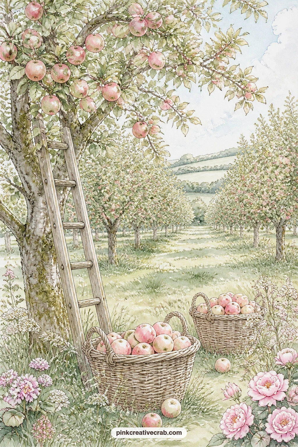 Orchard With Apple Baskets printable page — Apple trees heavy with fruit, a wooden ladder leaning against one trunk and baskets already filled make this