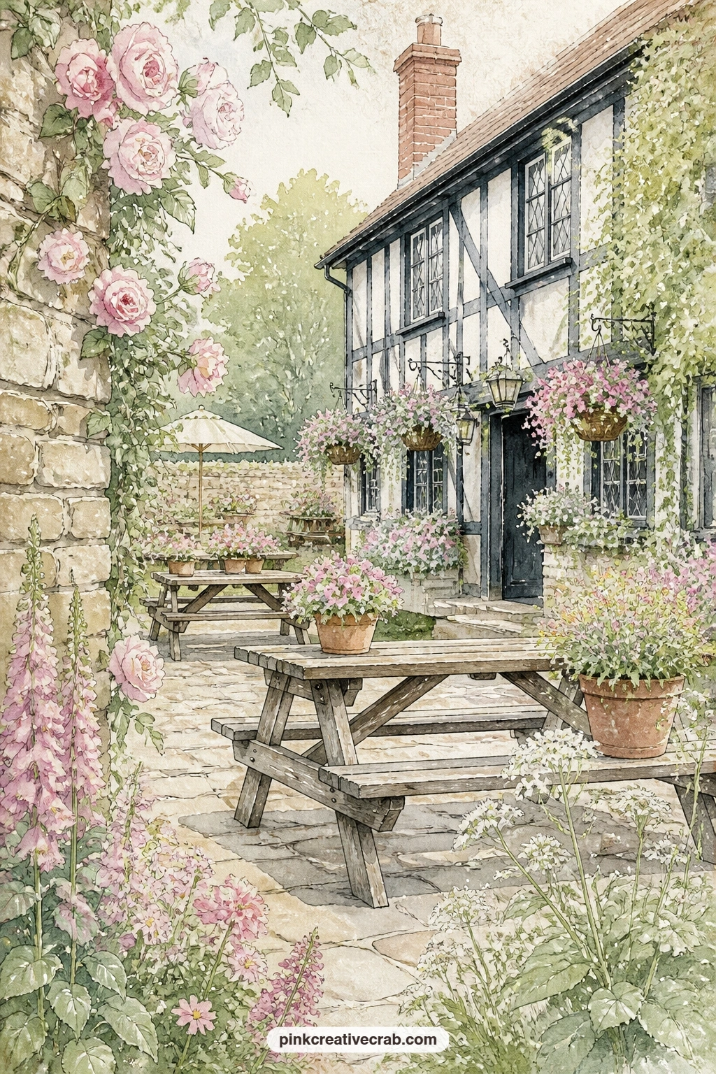 Village Pub Garden printable page — Keep a short list tucked behind this page: the names of every pub garden you mean to visit, written small enough to hide
