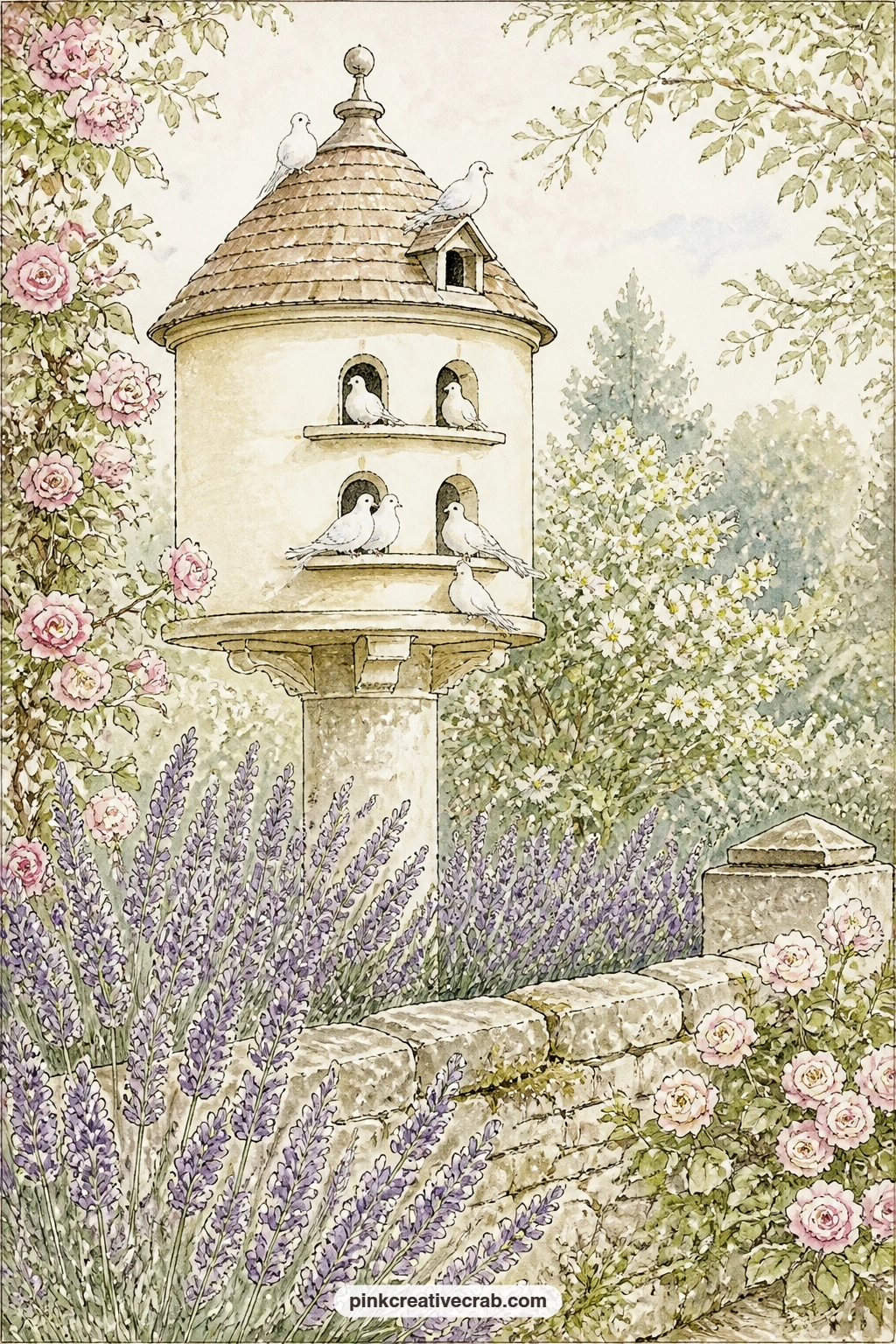 Dovecote And Lavender printable page — This page pairs well with the lavender field background later in the set; slide a strip of that paper in as a pocket