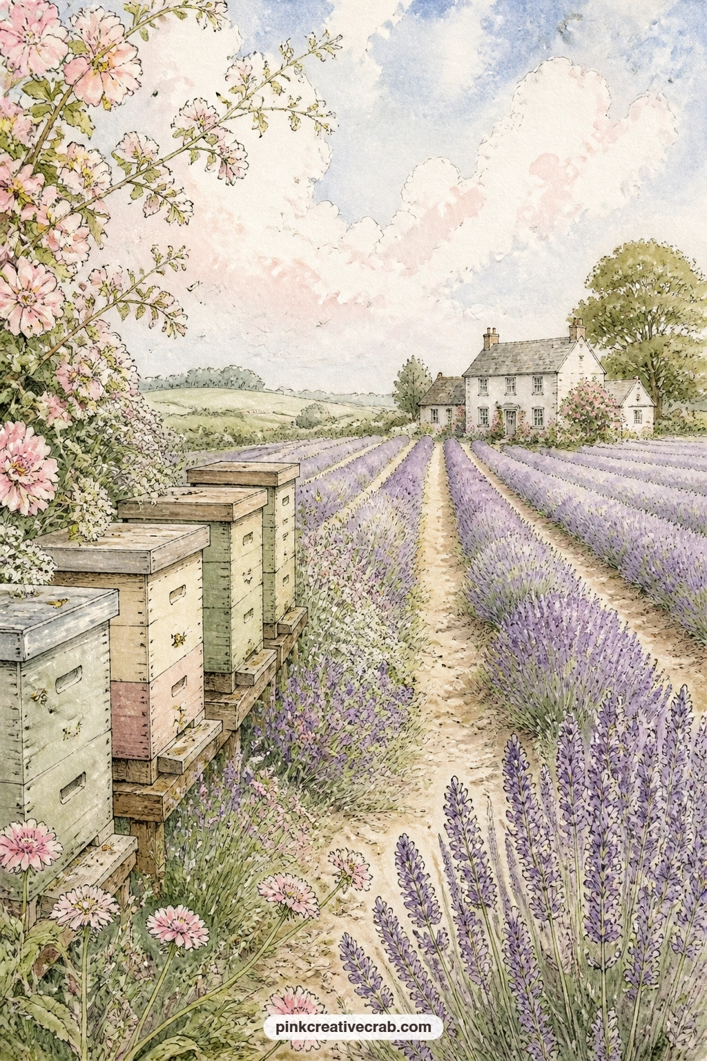 Lavender Field And Beehives printable page — Rows of lavender stretch toward a distant farmhouse, with a cluster of beehives set along one edge of the field