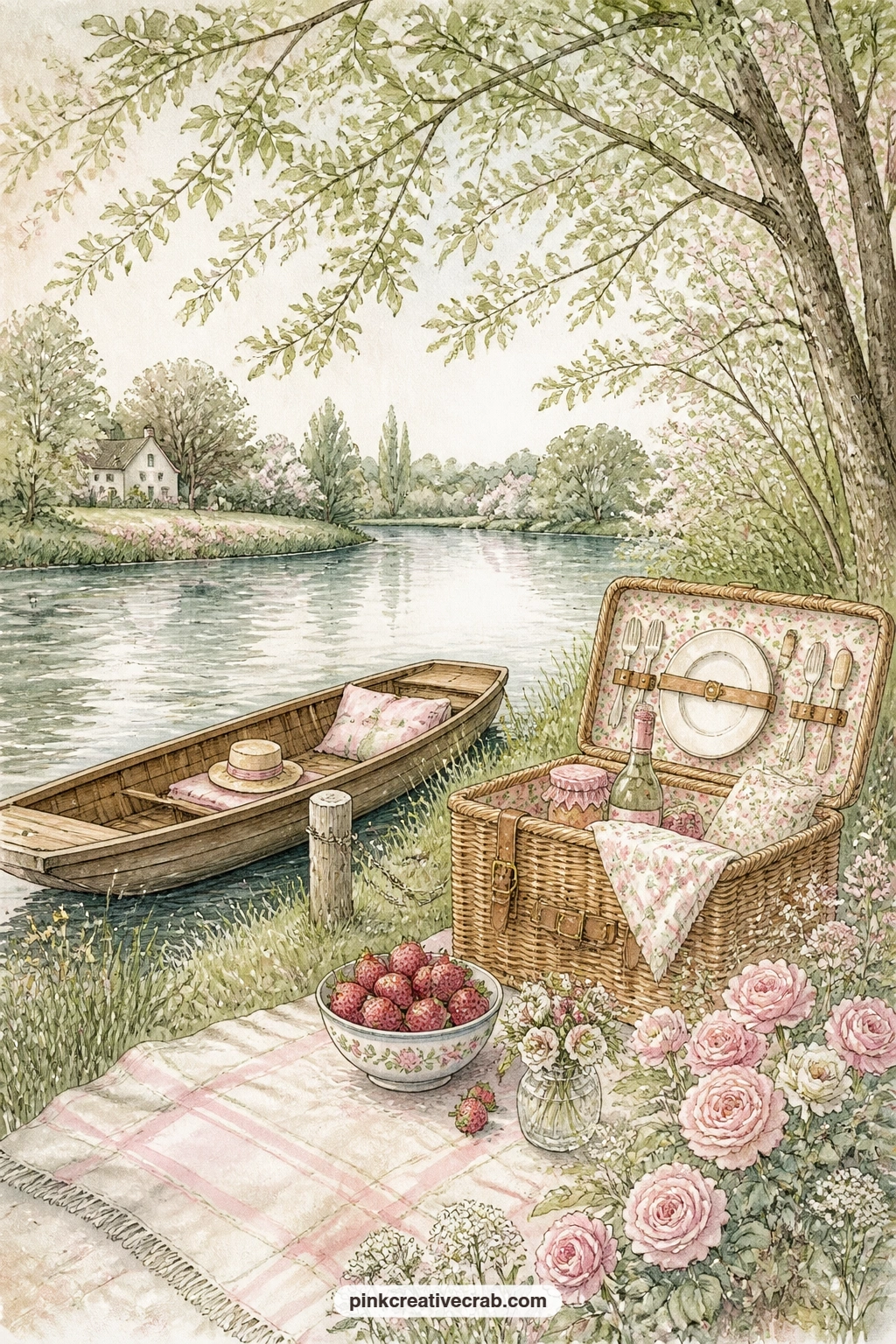 Riverbank Punt Picnic printable page — Trace the outline of the hamper lightly before you paint, then write the picnic menu on a small tag tucked beside the