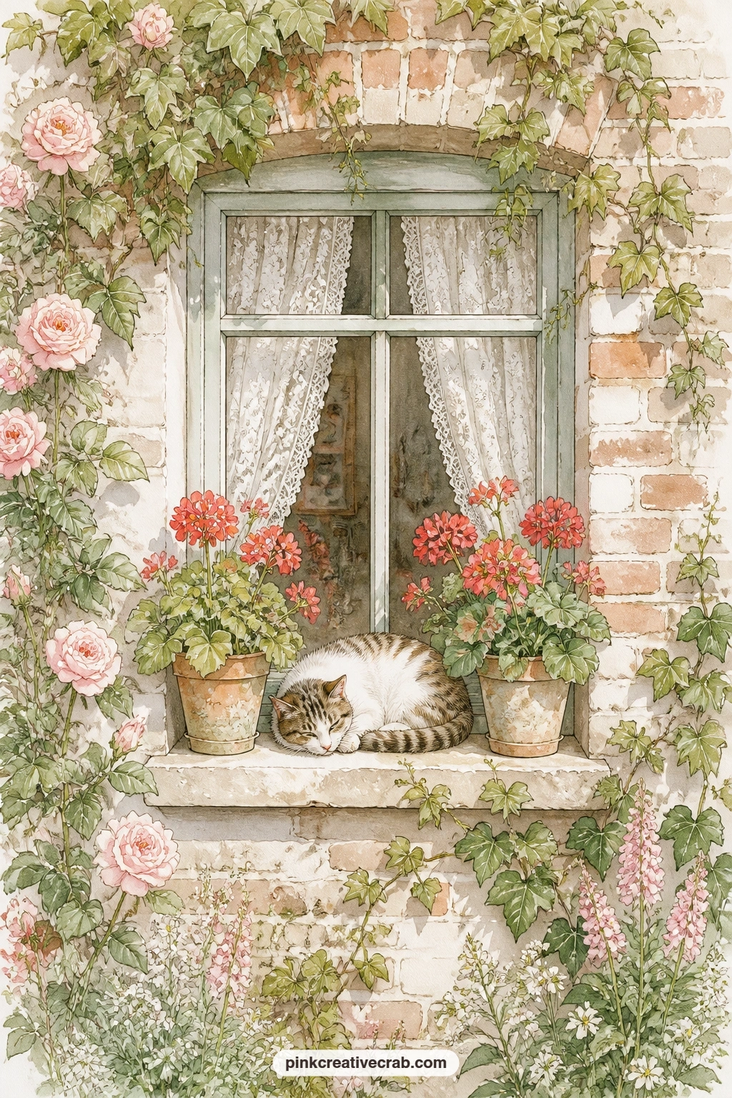 Cottage Window With Cat printable page — Lace curtains, potted geraniums on the sill and a cat curled in the sun finish this quiet window scene, framed by old