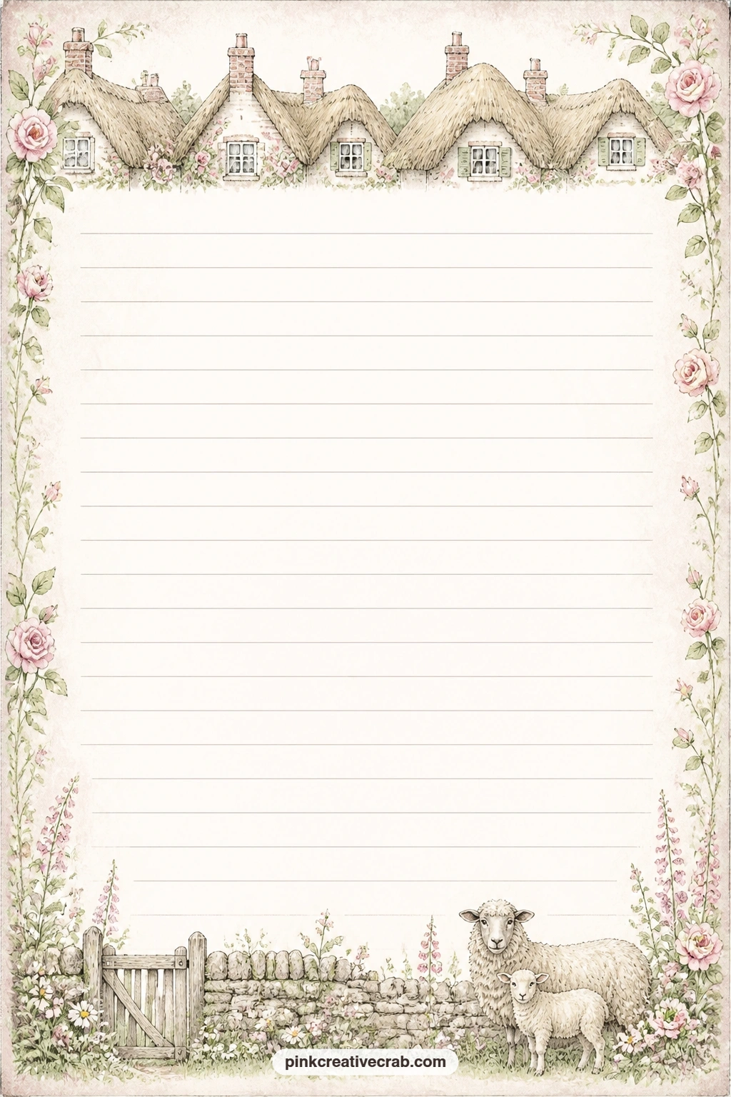 Thatched Roofline Lined Page printable page — A row of thatched cottage rooflines runs along the top of this page: use it for a list of villages to visit, a