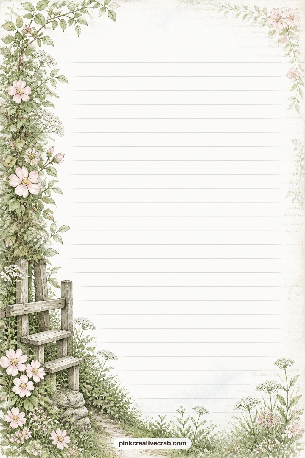 Hedgerow And Stile Lined Page printable page — A hedgerow and a small wooden stile run down one side of this page, leaving room to write a walking route, a