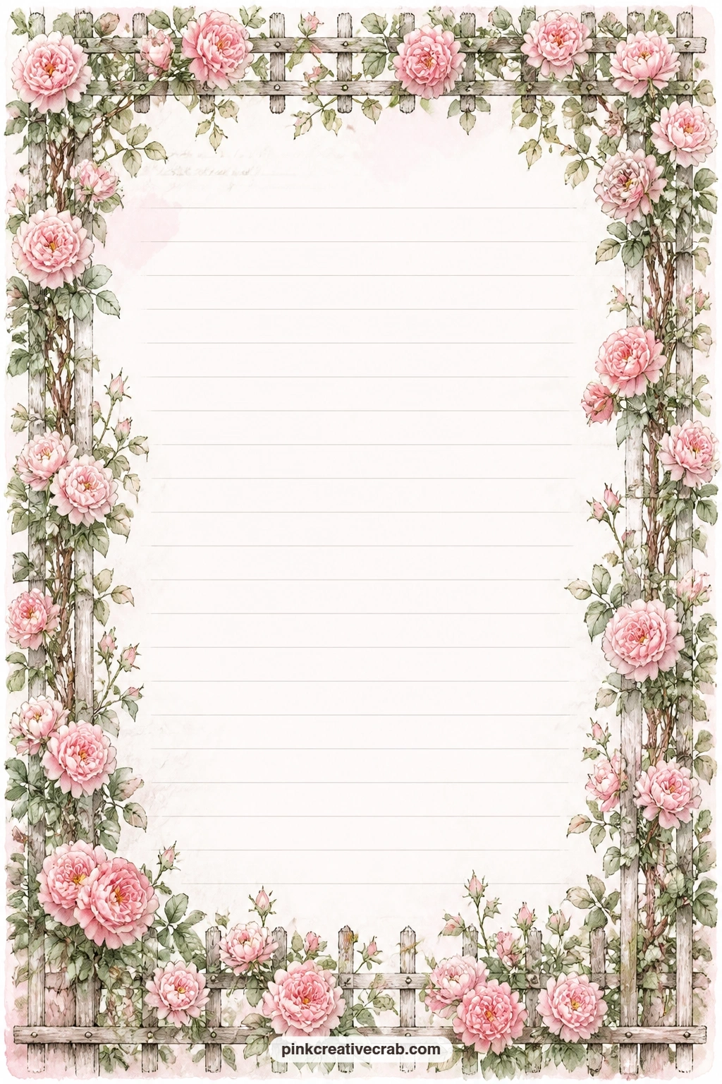 Rose Trellis Lined Page printable page — A trellis of climbing English roses frames the whole page, perfect for a letter to next year, a tea room order you