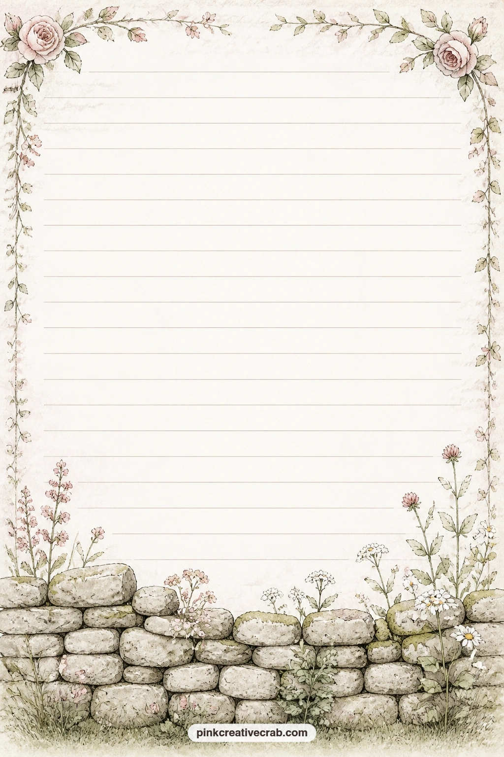 Dry Stone Wall Lined Page printable page — A dry stone wall runs along the bottom edge of this page, leaving space above for a farm diary entry, a