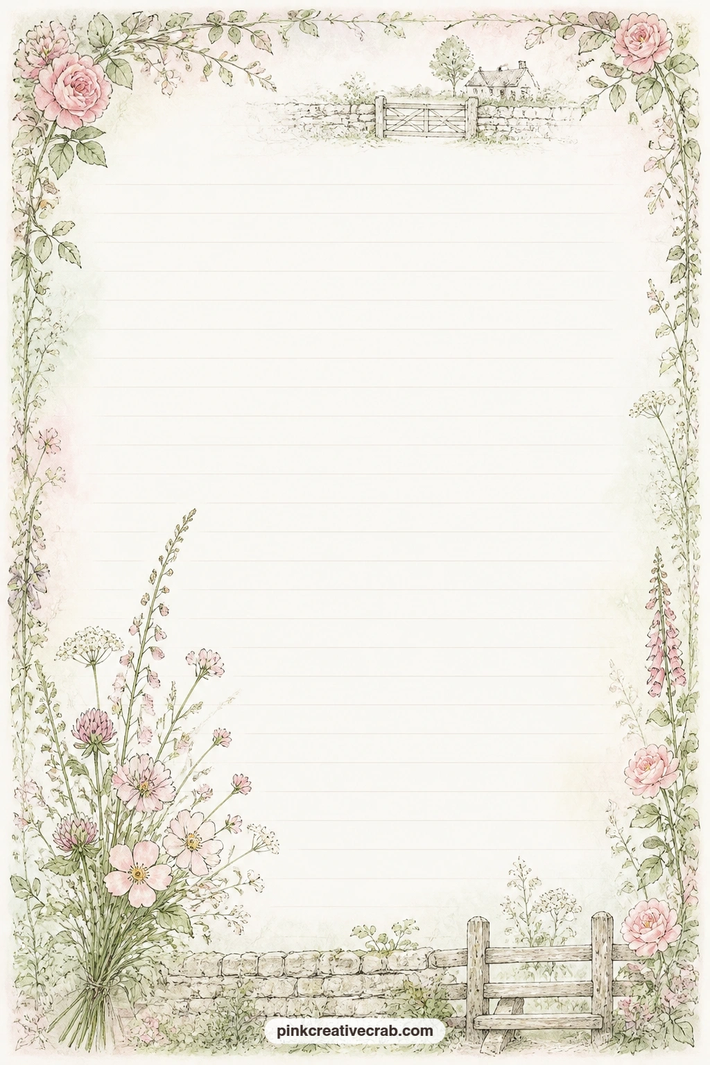 Wildflower Corner Lined Page printable page — A small spray of country lane wildflowers sits in one corner of this page, leaving the rest clear for a packing