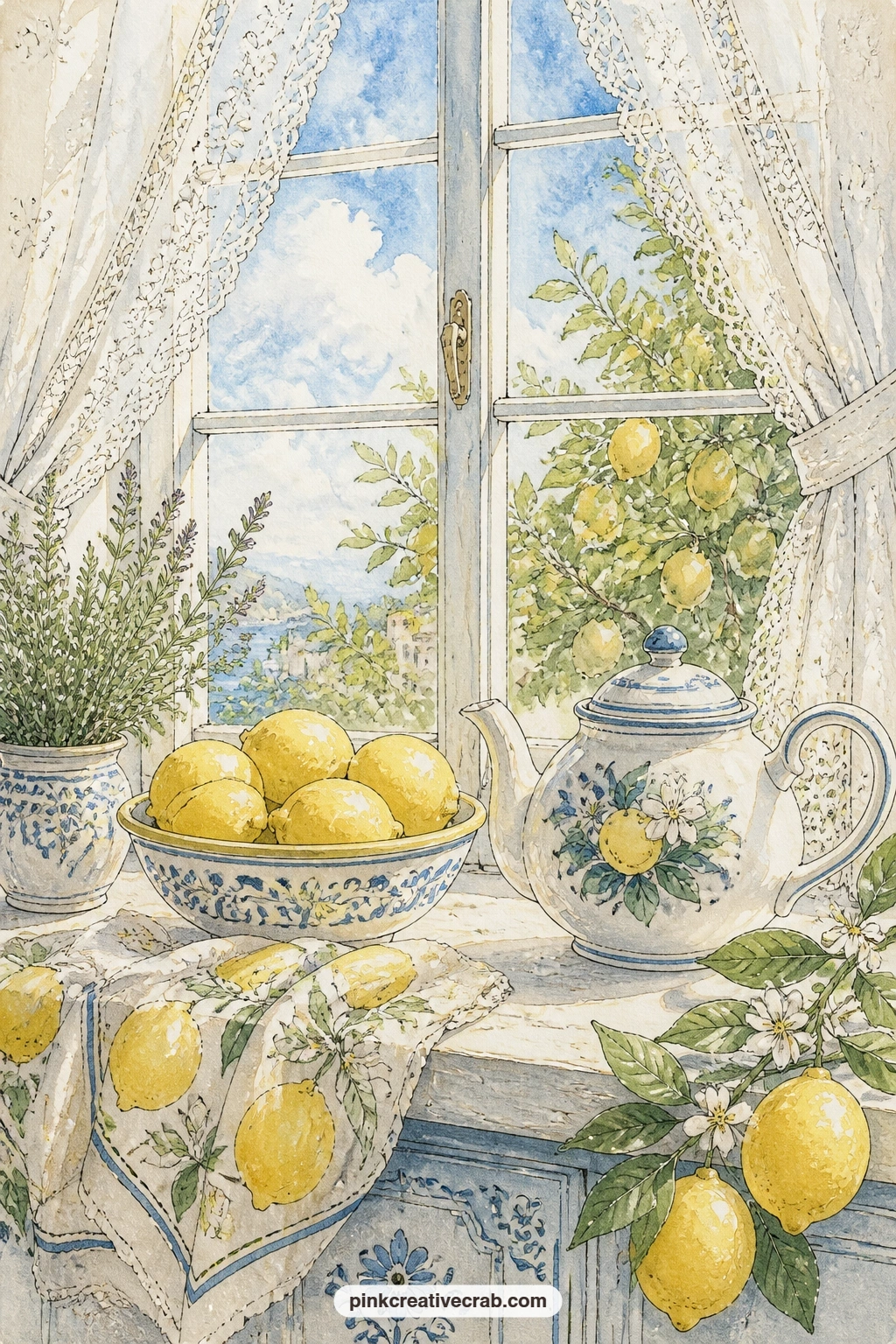 Sunny Kitchen Windowsill printable page — Give this one a try as the first page you glue in, since a windowsill scene makes a calm opening spread for a lemon