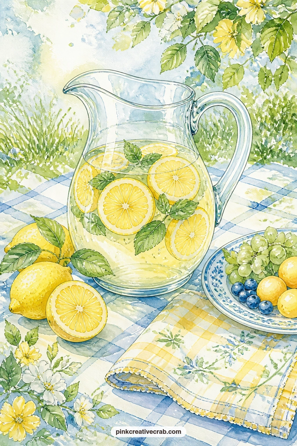 Lemonade Pitcher On A Blanket printable page — Pair this page with the yellow gingham background later in the set, laying a strip of the gingham paper under