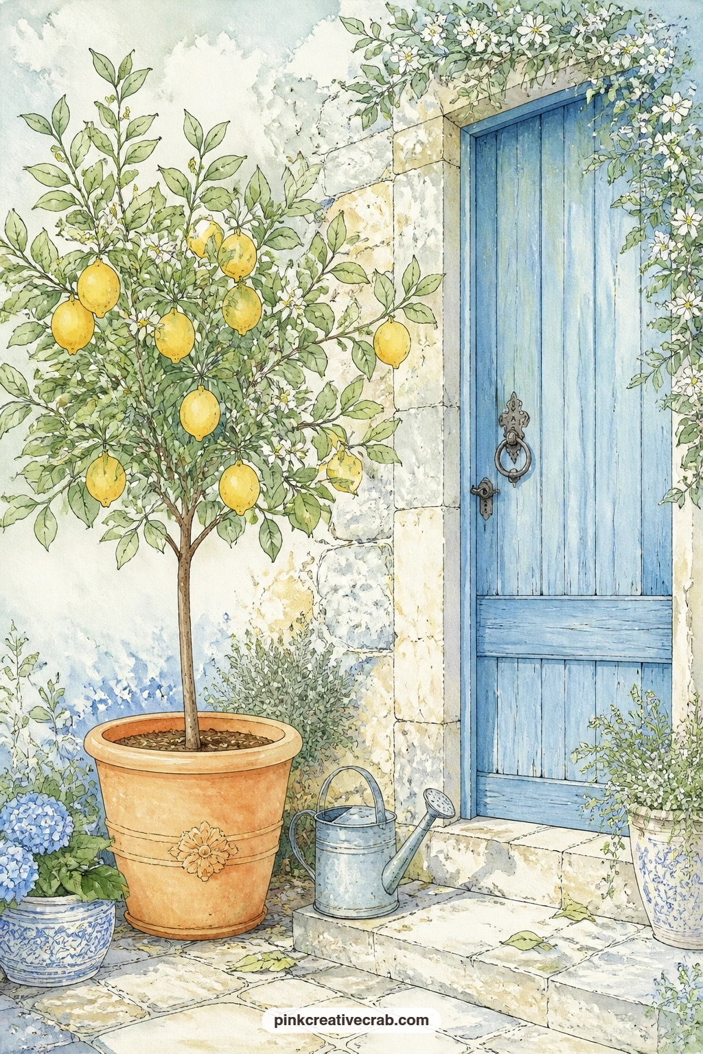 Potted Lemon Tree By A Blue Door printable page — A lemon tree in a terracotta pot beside a weathered blue garden door, with a watering can, a scatter of