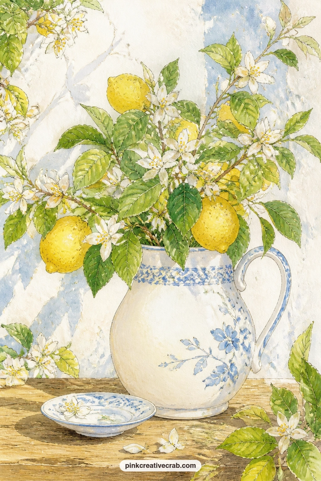 Lemon Blossom Jug On A Table printable page — The usual mistake with a branch arrangement like this is cramming in too many blossoms until the jug disappears.