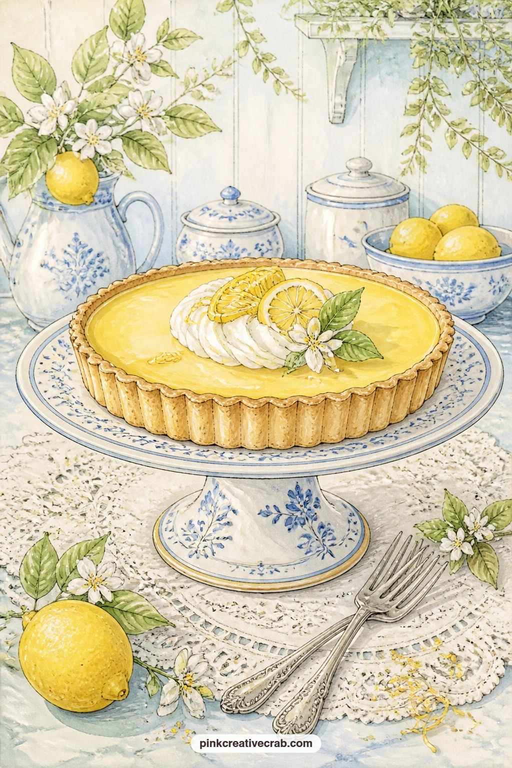 Lemon Tart On A Cake Stand printable page — Best for the friend who always brings dessert to a gathering: give her this page in a gift journal and leave the
