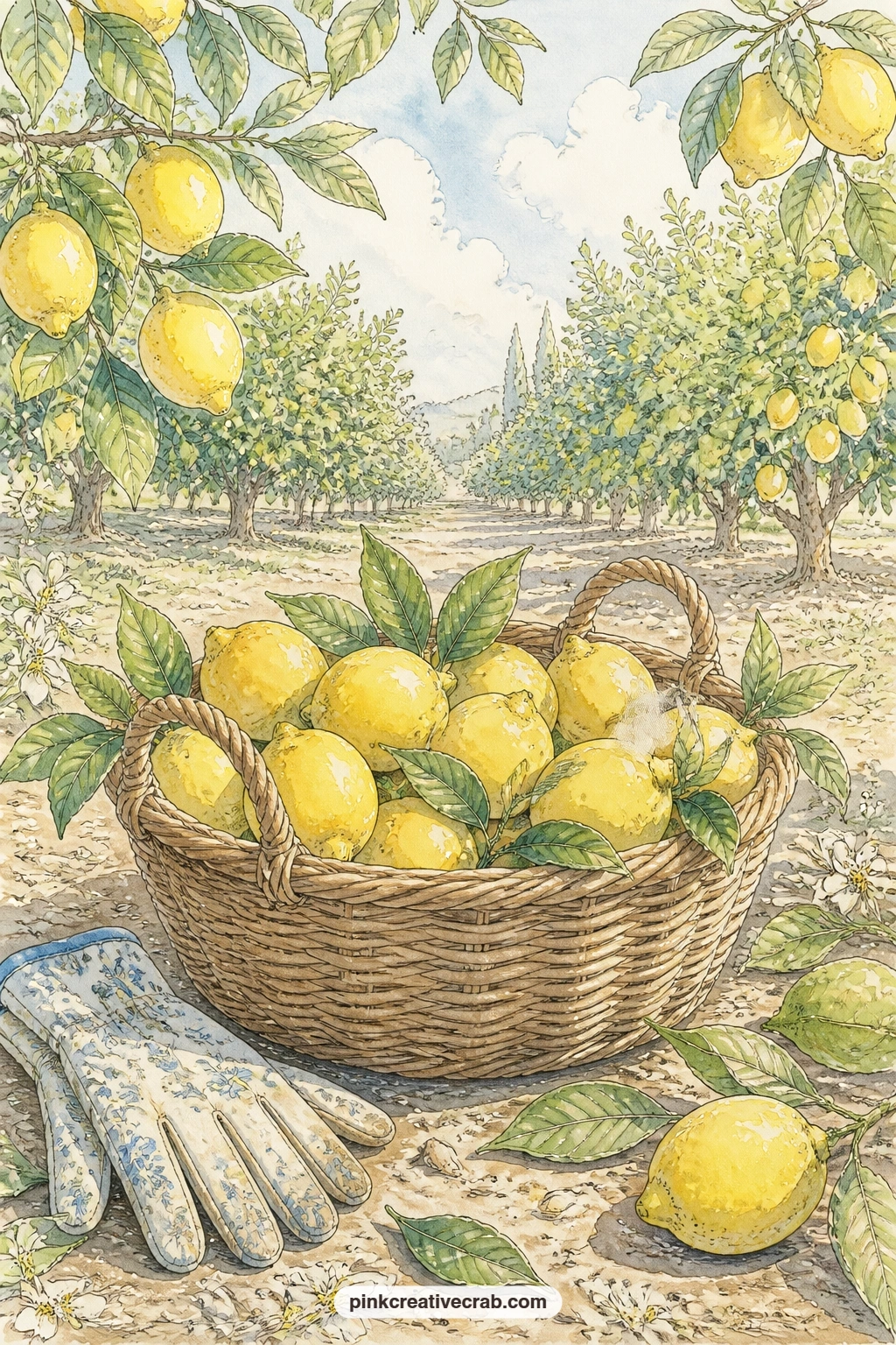 Basket Of Lemon Grove Pickings printable page — A basket piled with freshly picked lemons sits in a grove under dappled light, leaves and a pair of garden