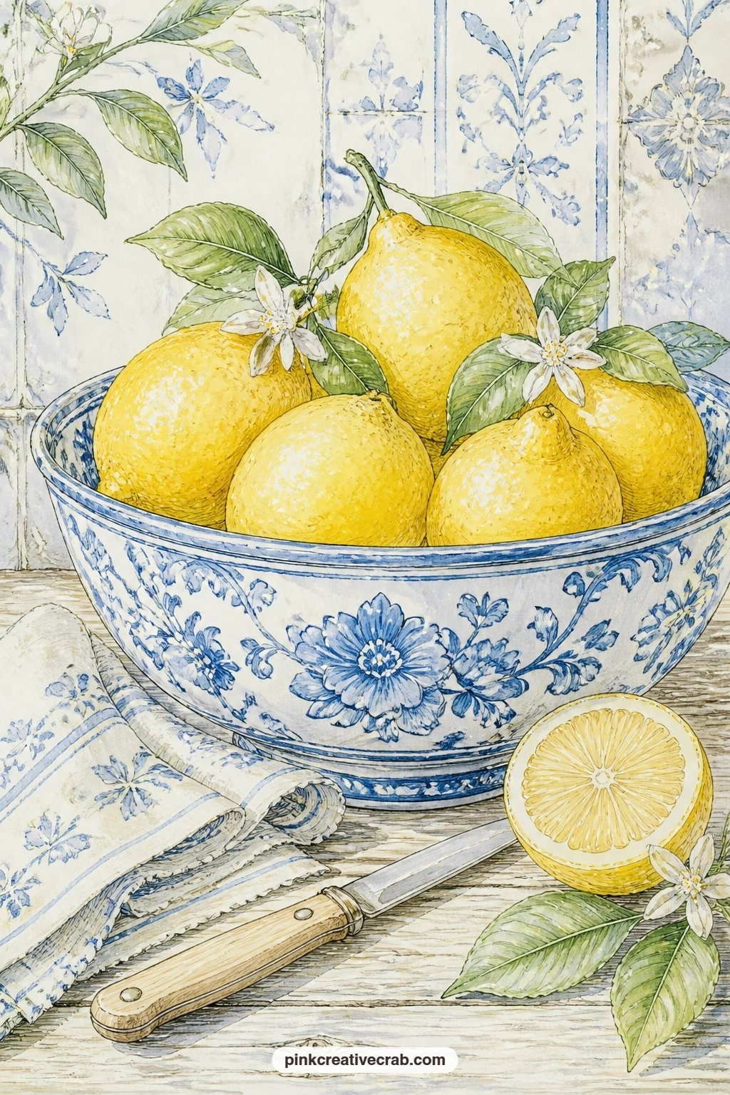 Blue And White Bowl Of Lemons printable page — What question could you answer here. Lemon junk journal